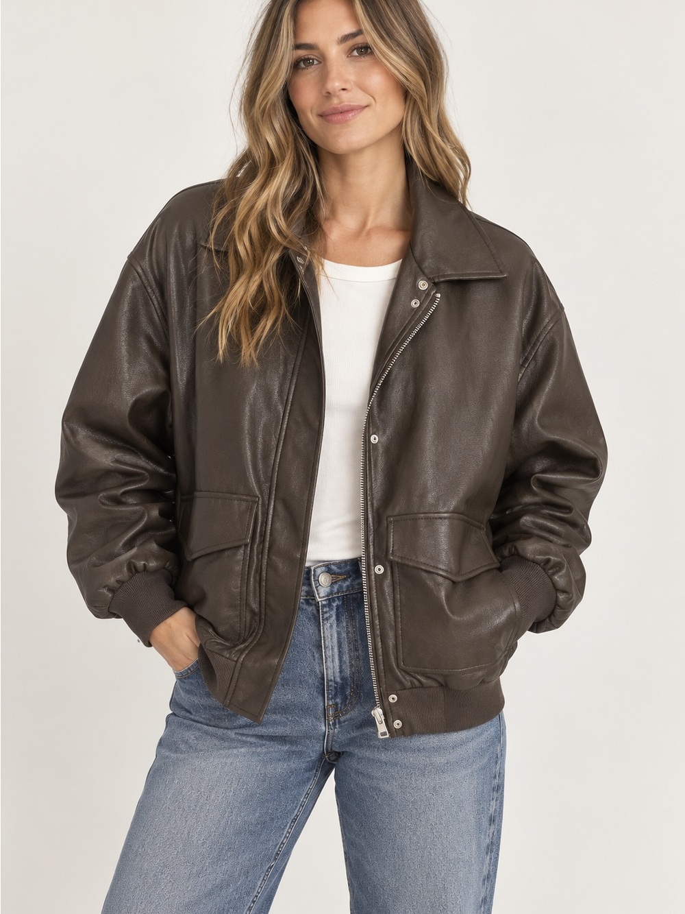 WAYF Murphy Dark Brown Faux Leather Oversized Bomber Jacket Size L